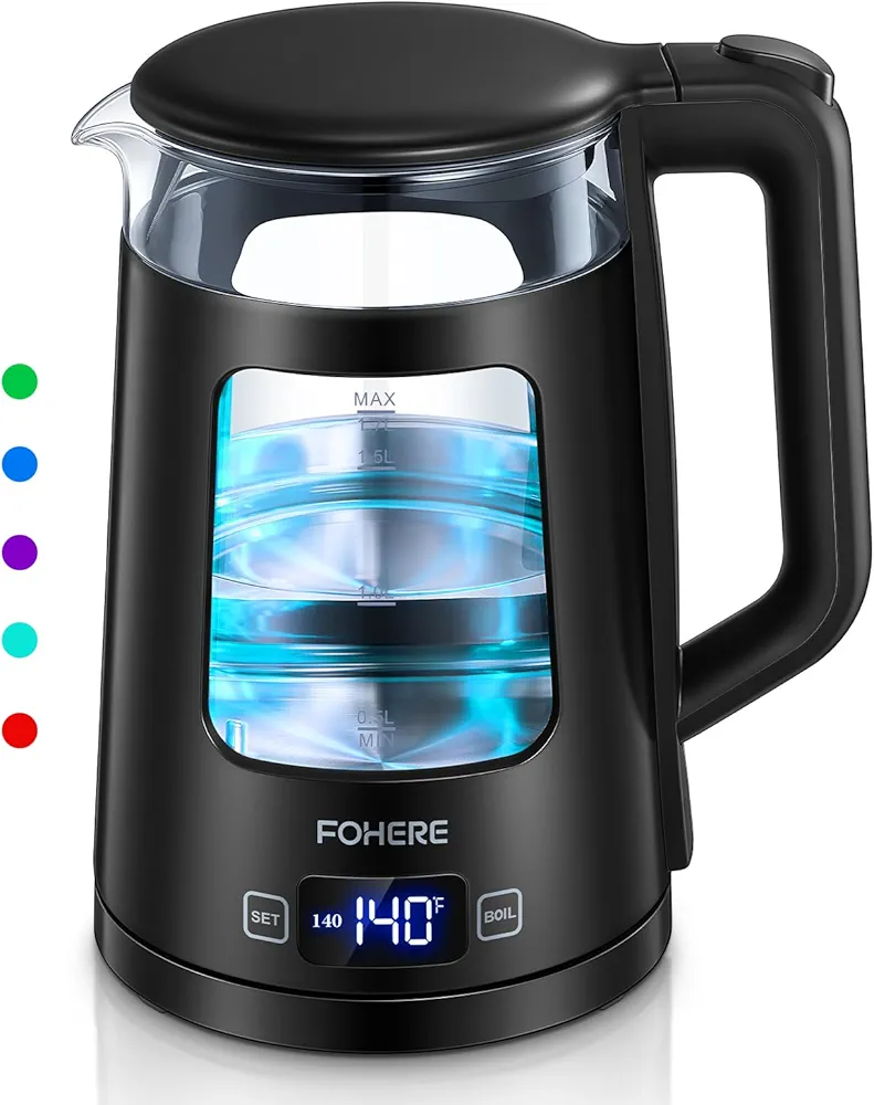 Electric Kettle, 1.7L Glass Tea Kettle, with Keep Warm, 5 Temperature Control, 1500W Fast Boil, Auto Shut-Off & Boil-Dry Protection, with 5 Colored Lights, Black