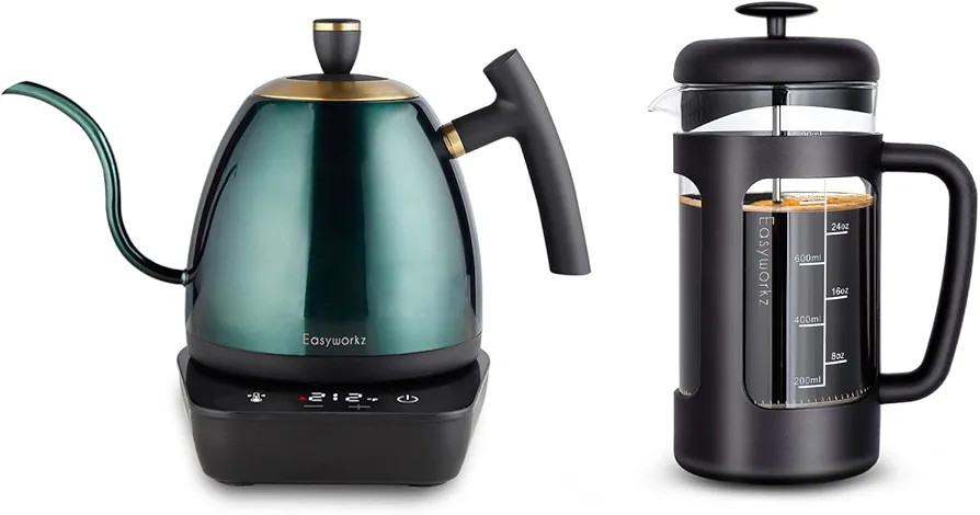 Easyworkz Electric Gooseneck Pour Over Coffee Kettle 27 oz, Bundled with Easyworkz French Press 34 oz
