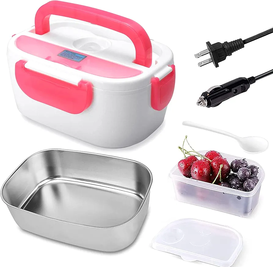 INVODA Electric Lunch Box 2 In 1 Food Heater 12V 24V 110V Portable Food Warmer for Car and Home Removable Stainless Steel Heated Bento Box (Pink)