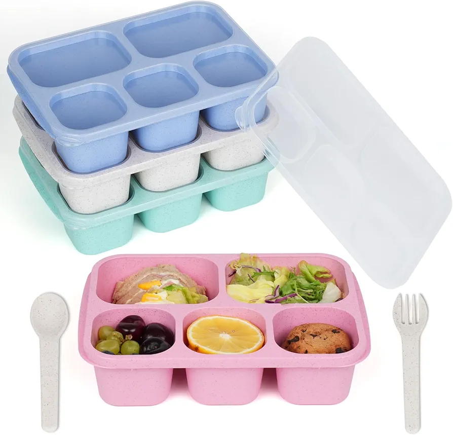 Lunchable Containers Snackle Box,4 Pack 5 Compartments Adult Bento Box With Compartments,Meal Prep Containers Reusable,Divided Food Storage Snack Containers for Work,Travel (4 Colors)