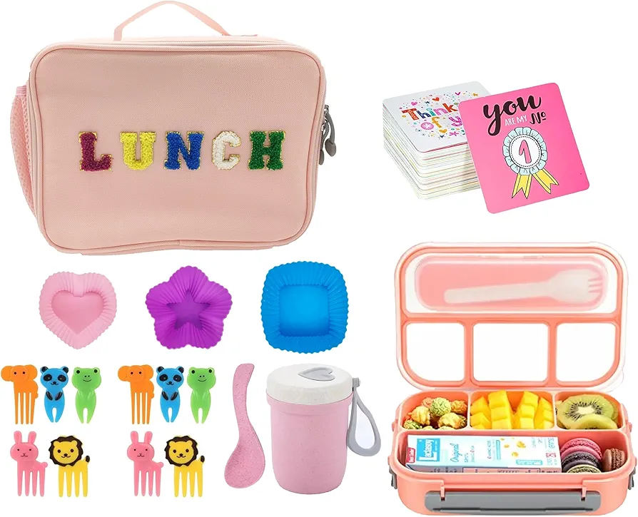 75 Pieces Bento Box Lunch Box Kit Pink Insulated Lunch Bag 3 Layer Stackable Leakproof Lunch Box Containers with Cup,Lunch Bag,Spoon,Fork,60 Pieces Lunch Box Notes(Pink)