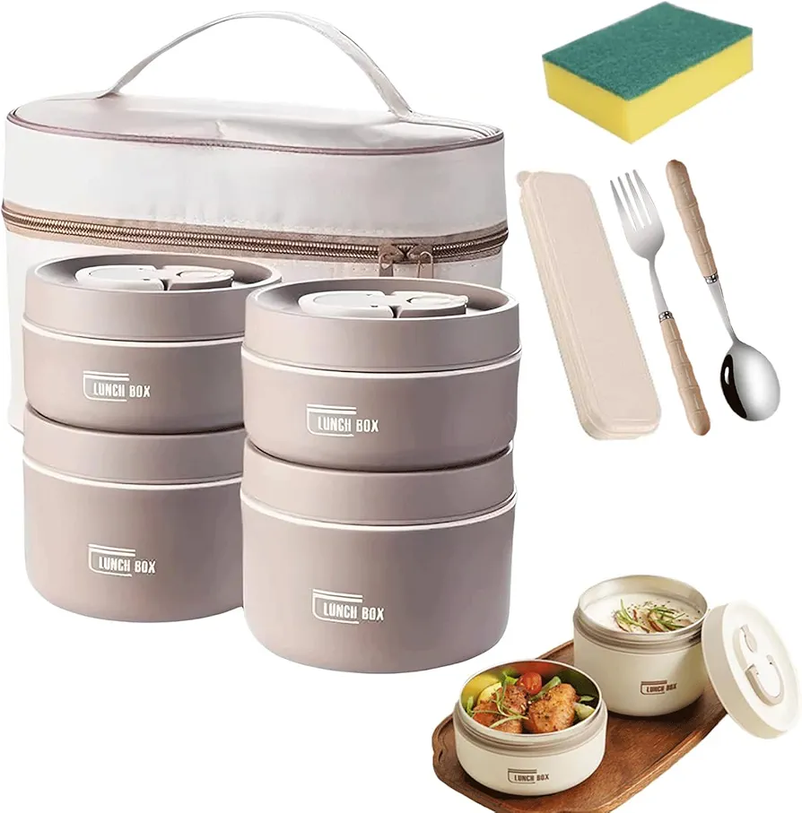 Bento Box Adult Thermal Lunch Box Set, Portable Insulated Lunch Containers with Spoon & Fork, Stackable Stainless Steel Leakproof Food Containers for Adults Teens Kids (Brown 4 Pcs)