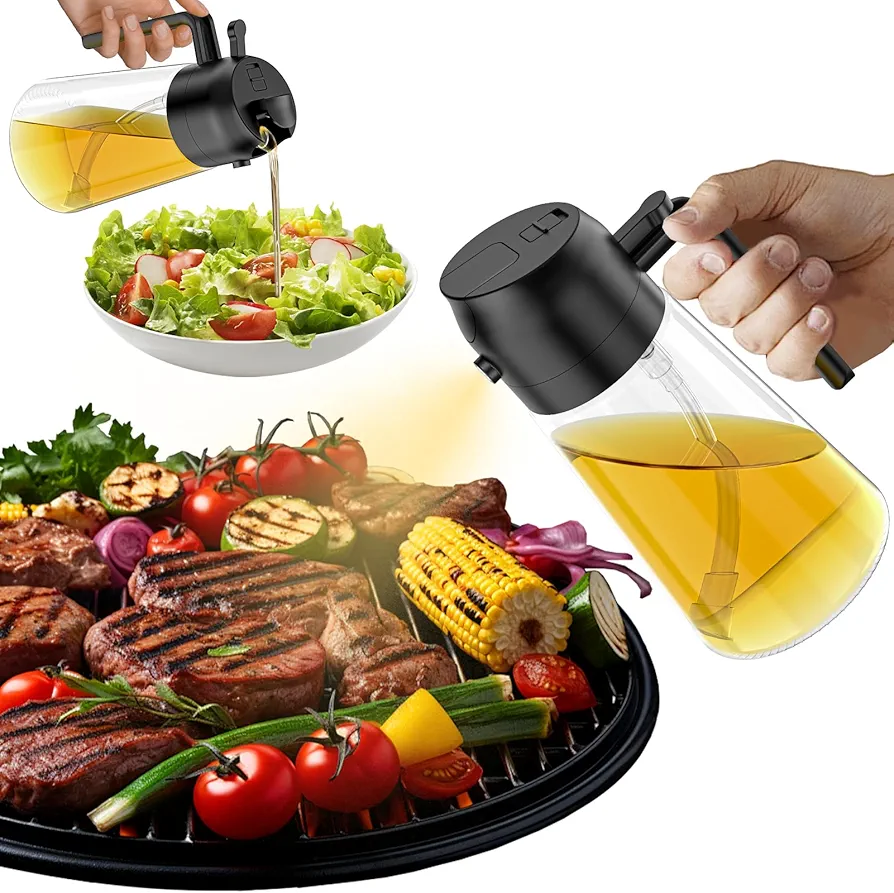 Oil Sprayer for Cooking, 2 in 1 Oil Dispenser Bottle for Kitchen, 16oz/470ml Spray & Pour Oil Dispenser Bottle,Glass Olive Oil Spritzer, Food-grade Oil Mister for Air Fryer,Salad,Frying,BBQ (Black)