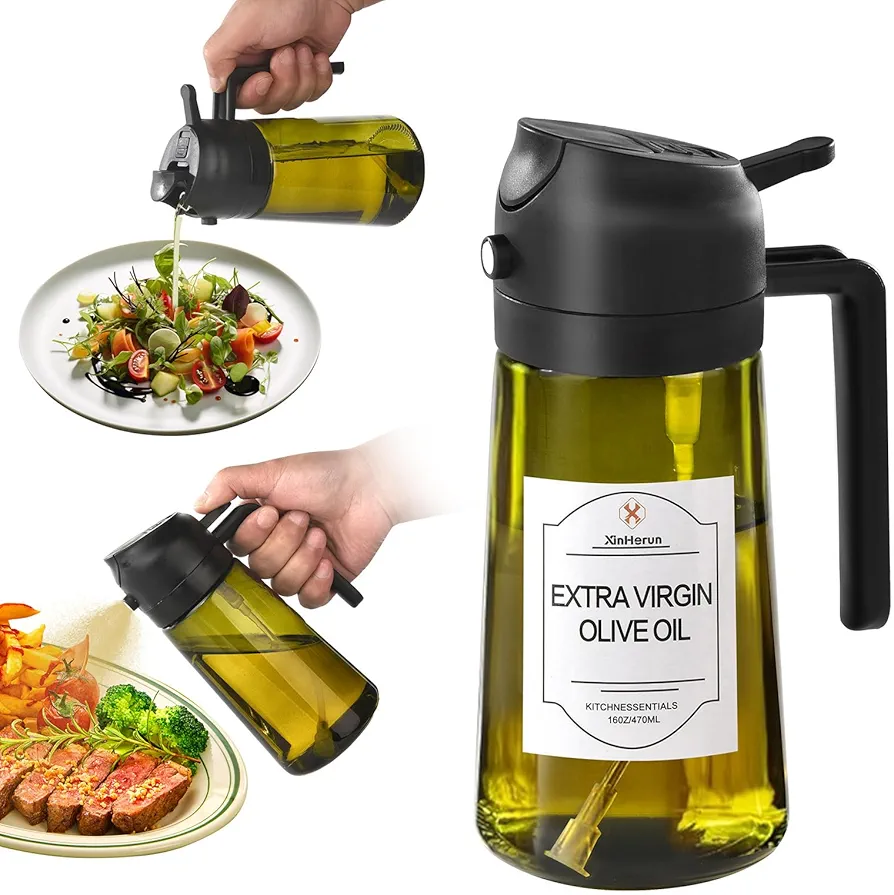 Olive Oil Sprayer for Cooking, 16oz Glass Olive Oil Spray Bottle, 2 in 1 Oil Dispenser and Oil Sprayer, Oil Spritzer for Cooking Olive Oil with Sticker (Light-Blocking, Black)