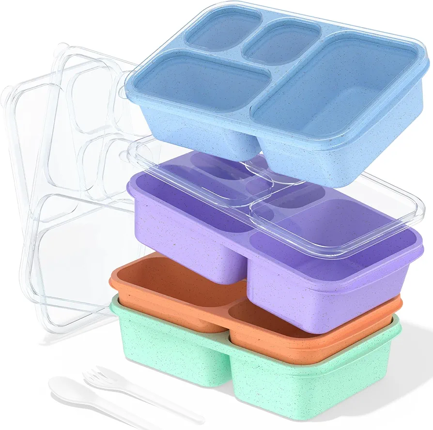 Bento Lunch Box Set - 4 Meal Prep Containers for Kids & Adults, Thickened and Easy-to-clean Lunch Box Containers, Stackable, Microwave Safe, BPA-Free (Wheat(Purple/Green/Blue/Orange))