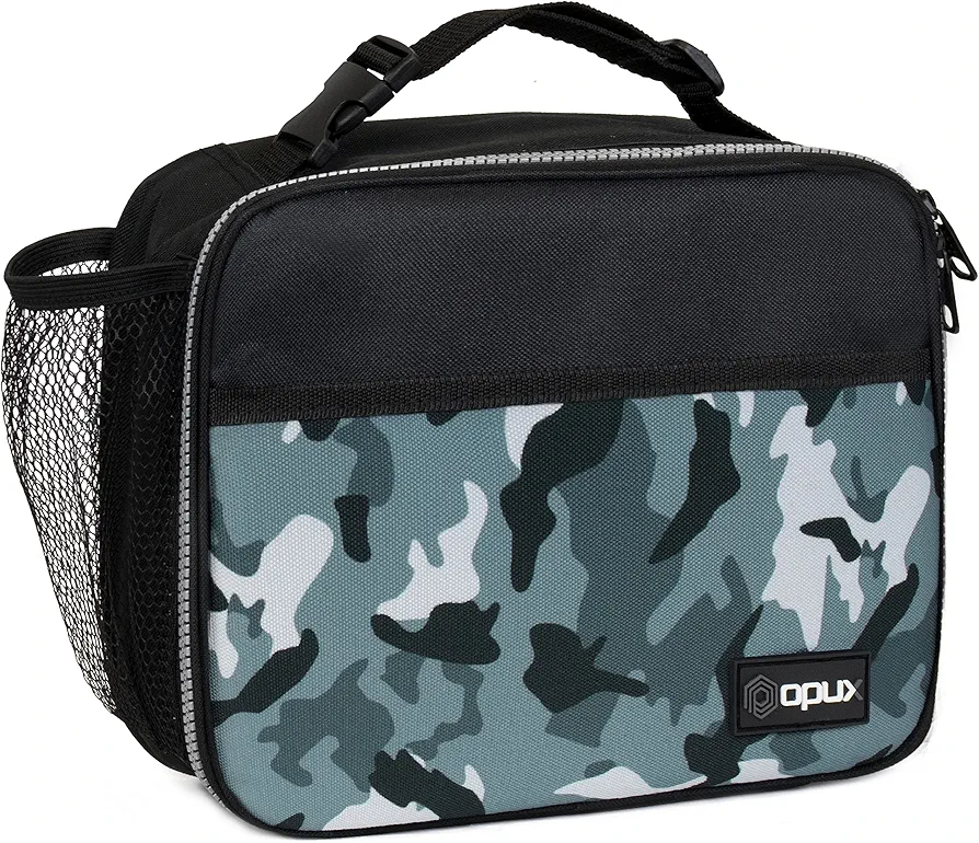 OPUX Insulated Lunch Bag Kids, Lunch Box for School Boy Girl, Leakproof Small Reusable Compact Soft Mini Cooler Bag, Toddler Small Lunch Boxes Kit Pail with Front Side Pockets (Camo Green)