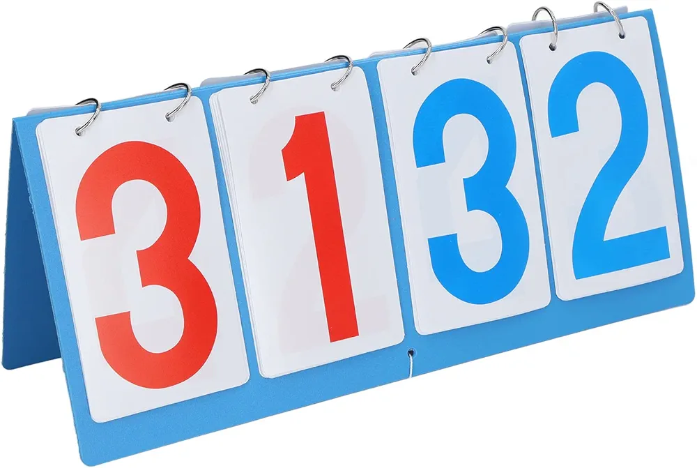 Sports Scoreboard 4 Digit Flip Scoreboard Waterproof Blue Red Number Portable Plastic Tabletop Flip Score Keeper Tennis for Volleyball Basketball Boys