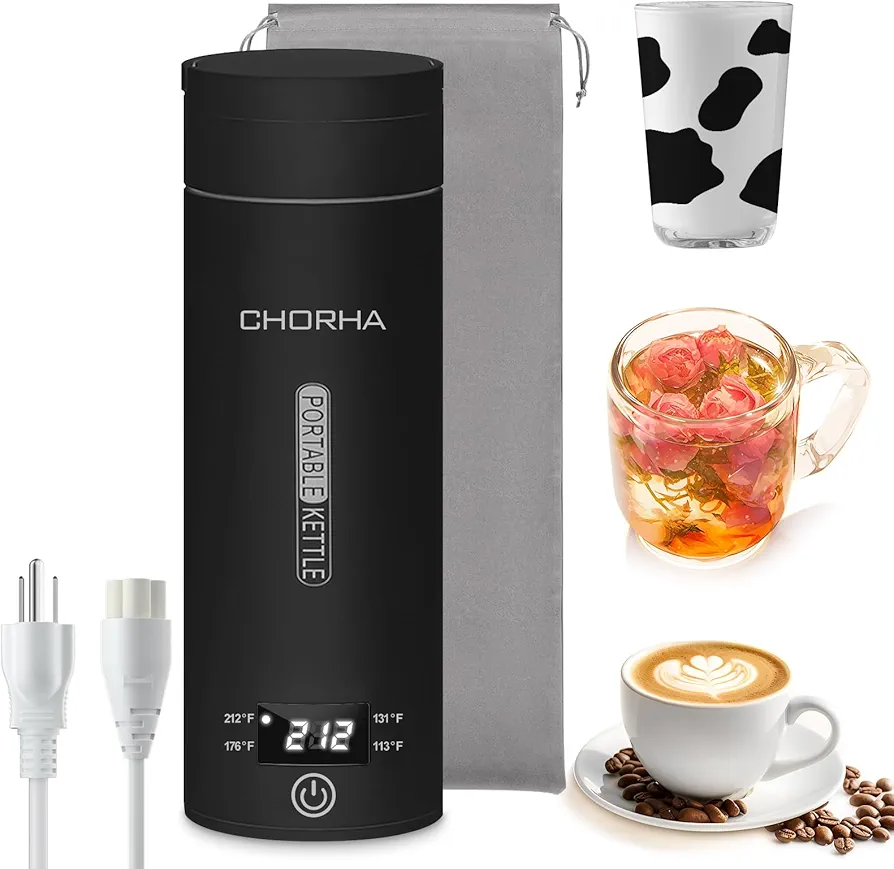 Electric Kettle Portable Travel Kettle Tea Coffee Portable Kettle, 500ML with 4 Variable Presets, Small Electric Kettle 304 Stainless Steel with Auto Shut-Off & Boil Dry Protection (Black)