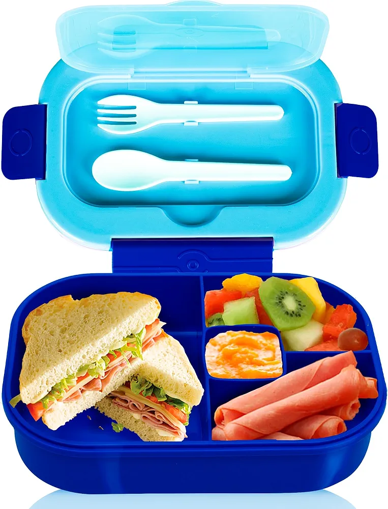 DifaBella Kids Lunch Box with Antispill Lid, Bento Box for Kids with 4 Compartments BPA-Free Plastic, Spoon & Fork Included, Compact and Colorful Meal Container (Blue), 8.66 x 5.9 x 2.7