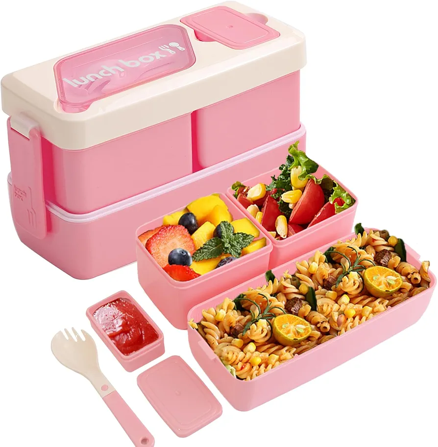 Bento Box Adult Lunch Box, Lunch Box Containers for Adults & Kids, 40oz Leakproof 3 Compartments Stackable Bento Lunch Box With Utensils & Sauce Containers, Microwave & Dishwasher Safe ﻿