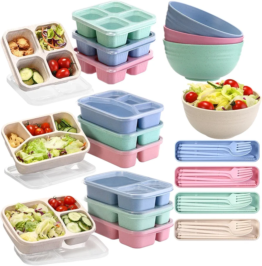 Maxdot 20 Pack Snack Container Sets, Bento Lunch Box Snack Box with 3 4 5 Compartments Divided Reusable Food Storage Snack Containers with Bowls Meal Container Portable Cutlery Set for Adults