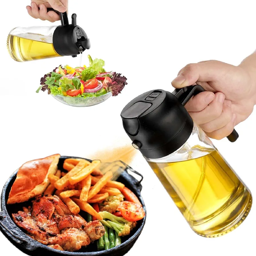Cooking injector, Kitchen 2 in 1 Olive Oil Dispenser Bottle, 16oz /500ml Quality Glass Oil Bottle, Food-Grade Spray Oil Bottle, For Air Fryers, Salads, Frying, BBQ, Stir-fries (black)