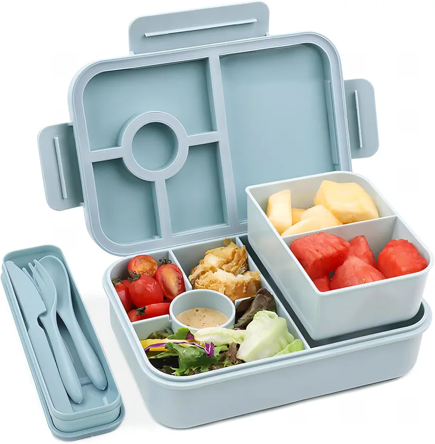 Bugucat Bento Box Adult Lunch Box, 1300Ml/45OZ Leak-Proof Lunch Box with 4 Compartments Cutlery Sauce Container, Lunch containers for Adults/Kids/Toddler Suitable for School