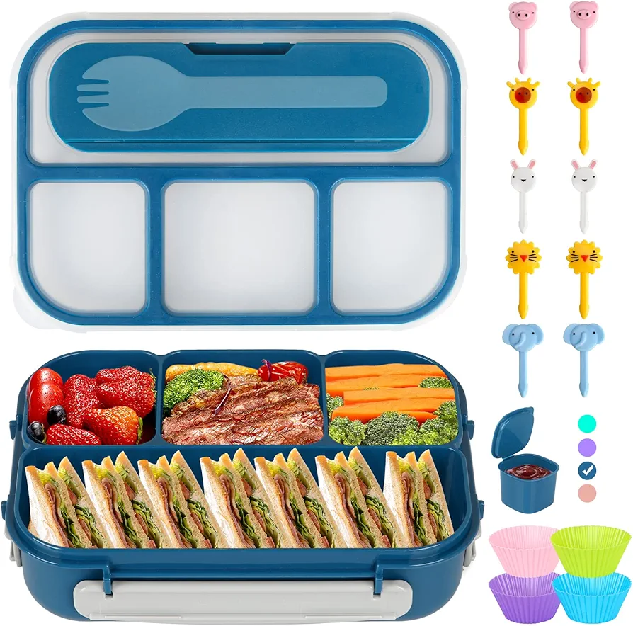 Bento Lunch Box, Lunch Box Kids, Bento Box Adult Lunch Box, Lunch Containers for Adults Kids Toddler, 1300ML 4 Compartments w/Food Picks Cake Cups, Microwave/Dishwasher/Freezer Safe (Blue)