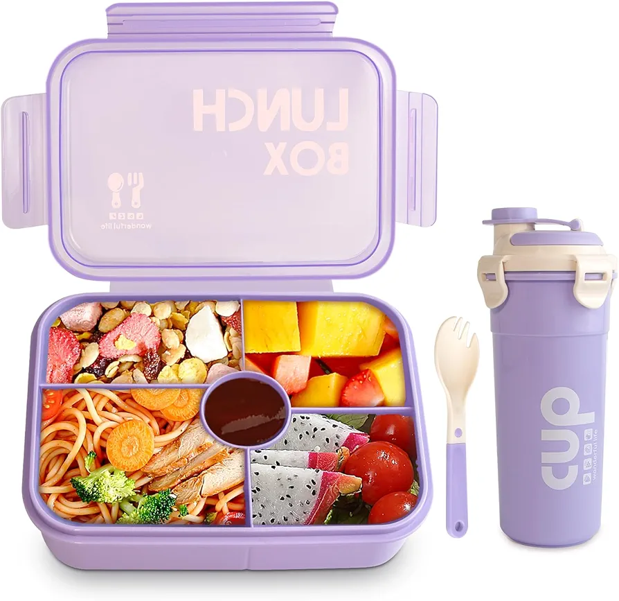 2 Pack Set - Leakproof Large Bento Box（34oz）and Water Bottle（28oz）for Adults/Kids, Bento Lunch Boxes with 5 Compartments and Utensils, BPA-Free, Microwave/Dishwasher Safe Lunch Containers