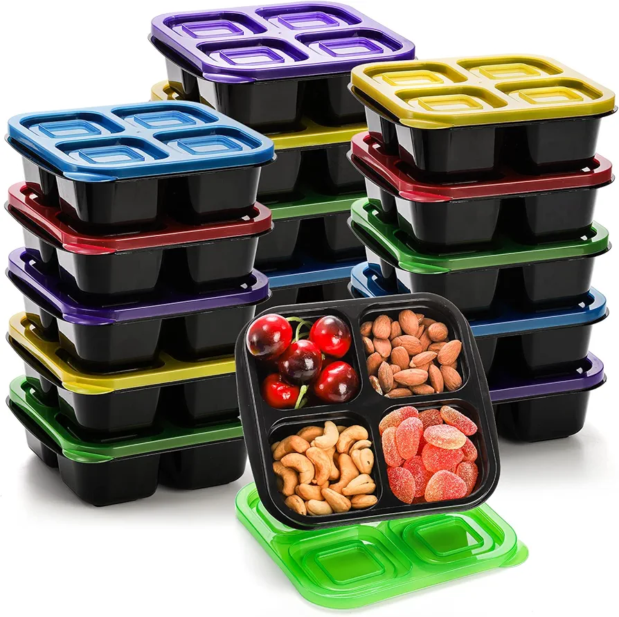 AVLA 15 Pack Snack Bento Box, Reusable Food Storage Container, 4-Compartment To Go Lunch Box, Meal Prep Container with Lid, Stackable Divided Lunchable Container for School, Work and Travel