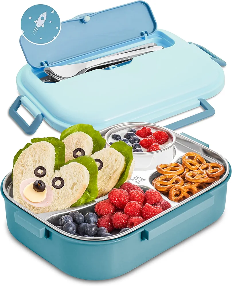 Stainless Steel Bento Box for Kids - Leakproof Lunch Box with Four Compartments and Separate Soup Cup with Silicone Lid for Kids and Adults (Blue)