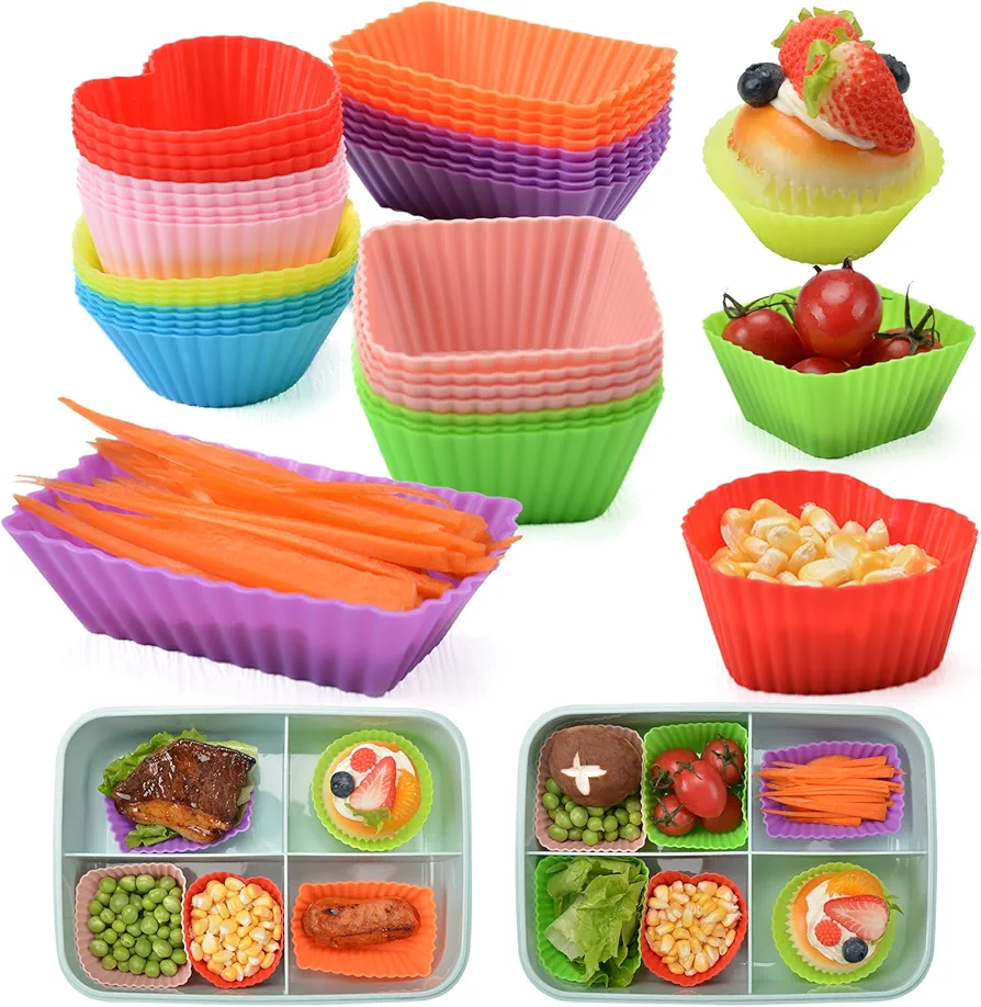 Vinino 40Pcs Silicone Lunch Box Dividers for Kids, BPA Free Silicone Cups for Lunch Box, Reusable Non-stick Cupcake Liners for Baking, Colorful and Cute Shape Soft Bento Box Dividers Dishwasher Safe
