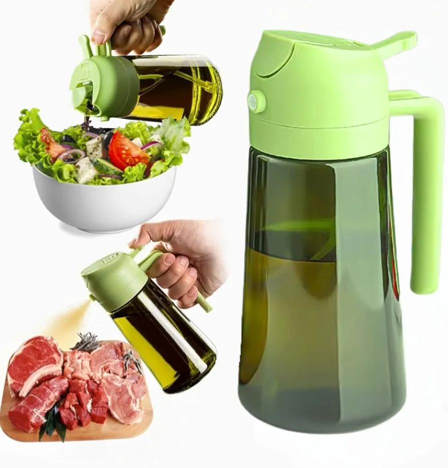 2 in 1 Olive Oil Original Dispenser for Kitchen -16oz Olive Oil Sprayer and Oil Dispenser, Premium Glass Food Grade Oil Mister Olive Oil Sprayer for Cooking Upgraded Green (Light Blockage)