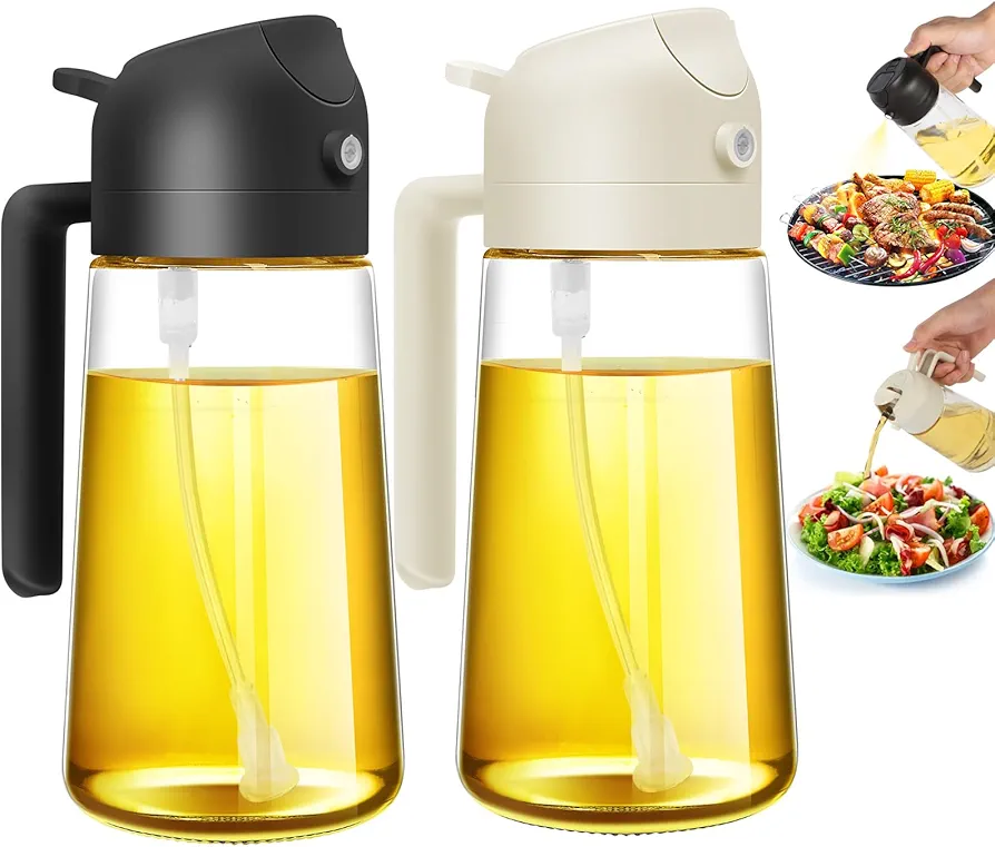 Oil Sprayer for Cooking,2 in 1 Olive Oil Dispenser and Oil Sprayer,16oz/470ml Premium Glass Oil Bottle, Oil Spray Bottle,Mist Olive Oil Dispenser for Kitchen,Air Fryer,Salad, Grill. (black + white)