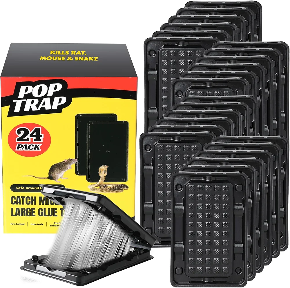 POPTRAP Rat & Insect Traps Heavy Duty, Super Sticky Mouse Trap with Ultra-Strong Glue, Mouse Glue Trap with Scent of Peanut Butter for Indoor & Outdoor, Non-Toxic & Long-Lasting (24 Pack)
