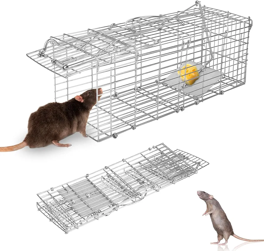 Humane Live Rat Trap Foldable Live Animal Trap Humane Foldable Rat Trap Cage W/Detachable L Shaped Rod Squirrel Trap Galvanized Iron Mice Mouse Cage/Small Groundhog Control Bait Catch