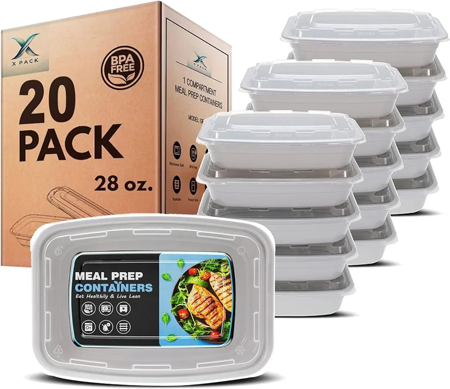 28 oz white Reusable Meal Prep Containers [20 Pack], Microwave Safe Food Storage Containers with Lids, Take Out Container, Bento Lunch Box, To Go box, BPA Free - Dishwasher & Freezer Safe