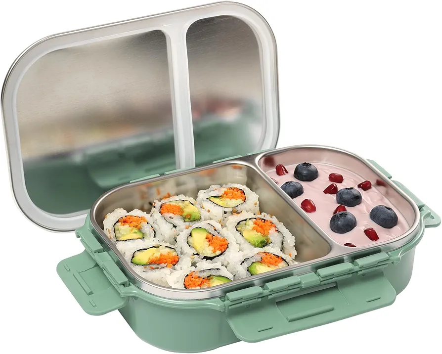 Signoraware Stainless Steel Bento Box Adult Lunch Box For Men, Women, Kids Bento Lunch Box Leak Proof Between 2 Compartments Meal Prep Containers Lunch Containers For Adults And Kids School Green