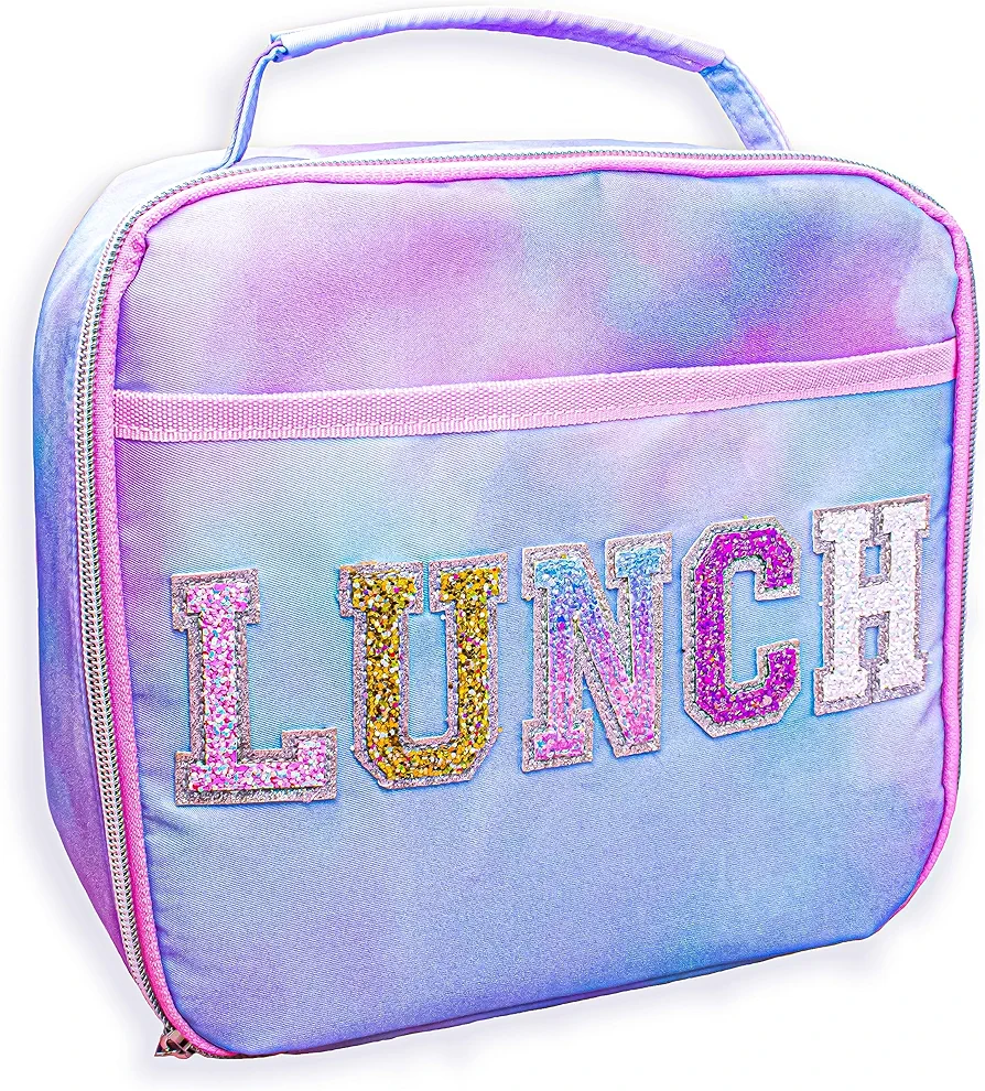 FROG SAC Kids Lunch Bag for Girls, Reusable Insulated Preppy Tie Dye Glitter Varsity Letter Patch Lunch Box for Kids, Cute Soft Back to School Tween Lunchbox, Christmas Girl Stocking Stuffers