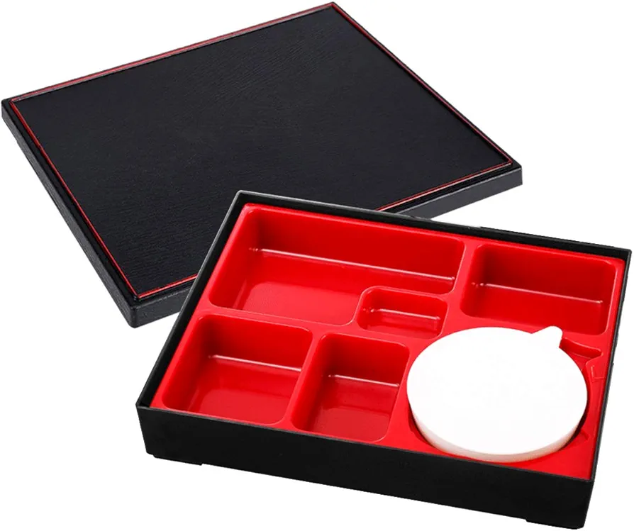Japanese Bento Box, 5 Compartment Traditional Sushi Bento Box Lunch Box Plastic Snack Serving Tray with Lid Serving Dish Food Container for Home Restaurant Business Office Picnic