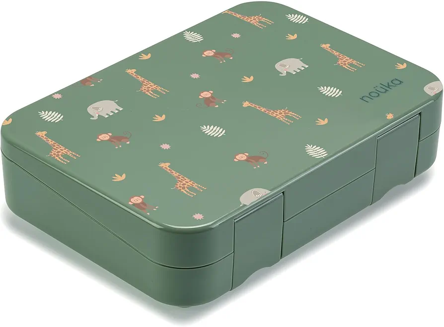 nouka Design Chill Bento Lunch Box | Easy to Open Latches | Spill Proof Design | 6-Compartment Removable Tray | Safari