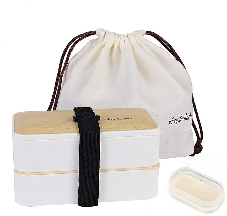 Bento Box Lunch Box with Upgraded Adjustable Strap, 2-Tier Japanese Bento Box Adult Stackable Leakproof BPA-Free 1200ml Lunch Containers with Cutlery Lunch Bag-White