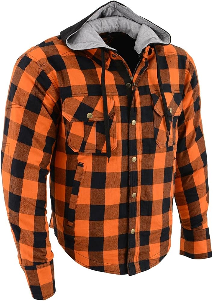 Milwaukee Leather MPM1642 Men's Plaid Hooded Flannel Biker Shirt with CE Approved Armor - Reinforced w/Aramid Fibers - 2X-Large Orange