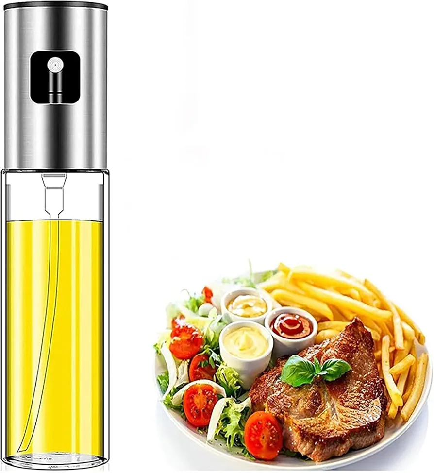 Olive Oil Sprayer for Cooking 100ml Stainless Steel Oil Sprayer, Glass Spray Bottle, and Mister, The Kitchen Tools for Healthy and Delicious Meals, Perfect for BBQ, Frying, and Salad