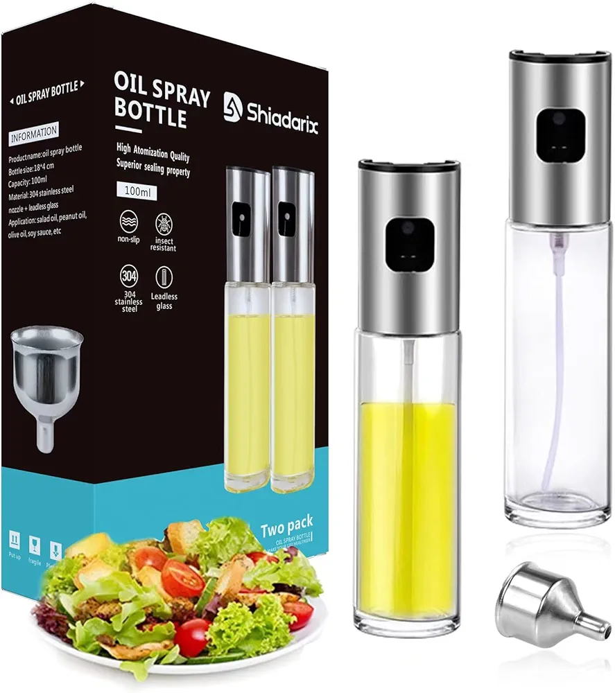 Oil Sprayer for Cooking, Olive Oil Sprayer Mister for Air Fryer, 100ml Glass Olive Oil Spray Bottle with Stainless Steel Cap, Oil Spritzer Dispenser for Kitchen Baking Frying (2 Piece Set)