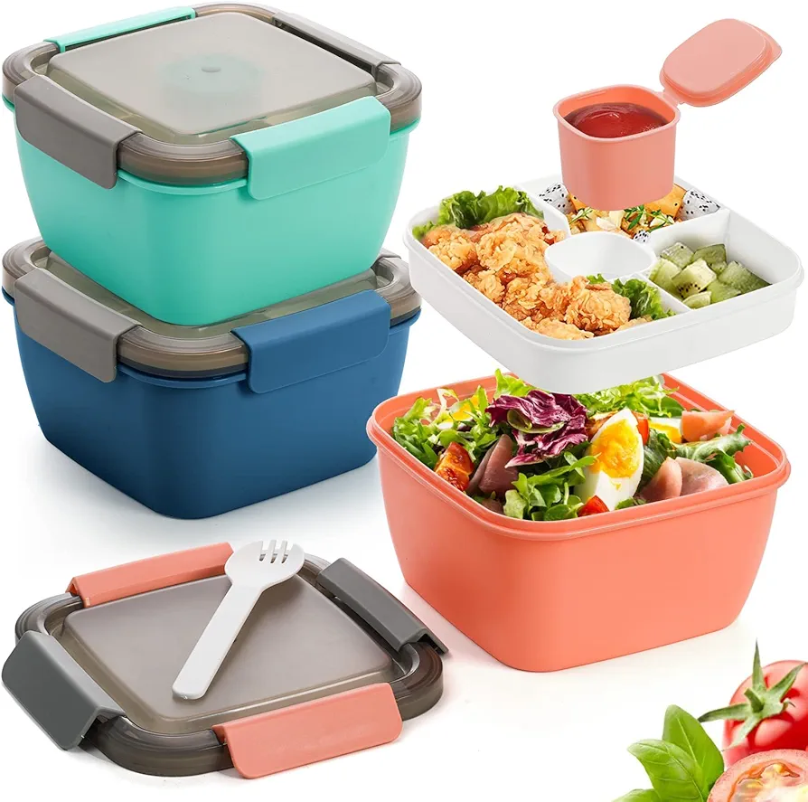 Youeon 3 Pack 52 Oz Salad Lunch Container to Go with 3 Compartment Tray, Bento Lunch Box with Spoon, Dressing Cup, Portable Salad Container for Lunch, Salad Toppings, Snacks, Fruits, 3 Colors
