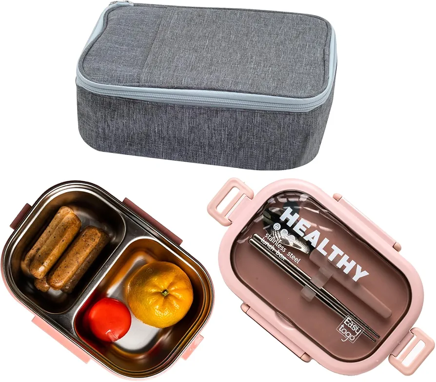 2 Compartment Bento Box with Lunch Bag & Cutlery Set, 28oz Leakproof, Resusable, Stainless Steel Portion Control Lunch Containers, Salad, Fruit, Food Snack Box - Pink Lunchbox