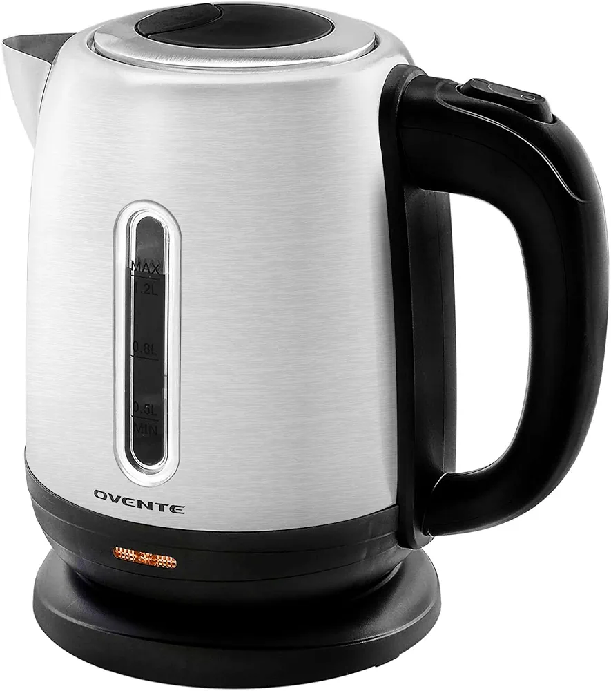 OVENTE Electric Tea Kettle Stainless Steel 1.2 Liter Portable Instant Water Boiler Heater 1100W Power Fast Boiling with Cordless Body and Automatic Shut Off for Coffee Milk Chocolate Silver KS22S
