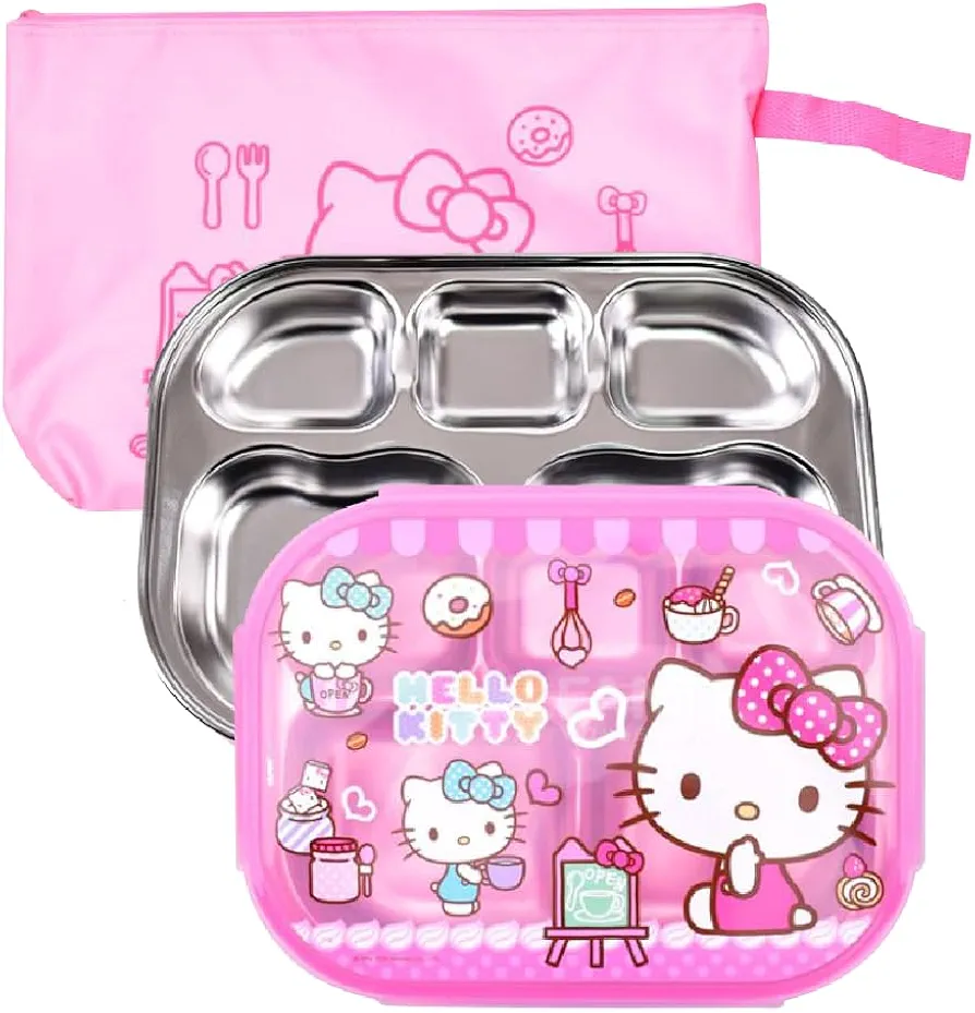 Q.REST Everyday Delights Hello Kitty Red Dinnerware Flatware 304 Stainless Food Tray + Pouch Set/Plate, Dinnerware, Tableware, Pink