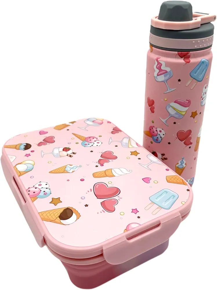 Bento lunch box for kids with 2 Compartments and Spoon Set, Stainless steel water bottle included, lunch containers for kids with thermos (Pink ice cream Theme)