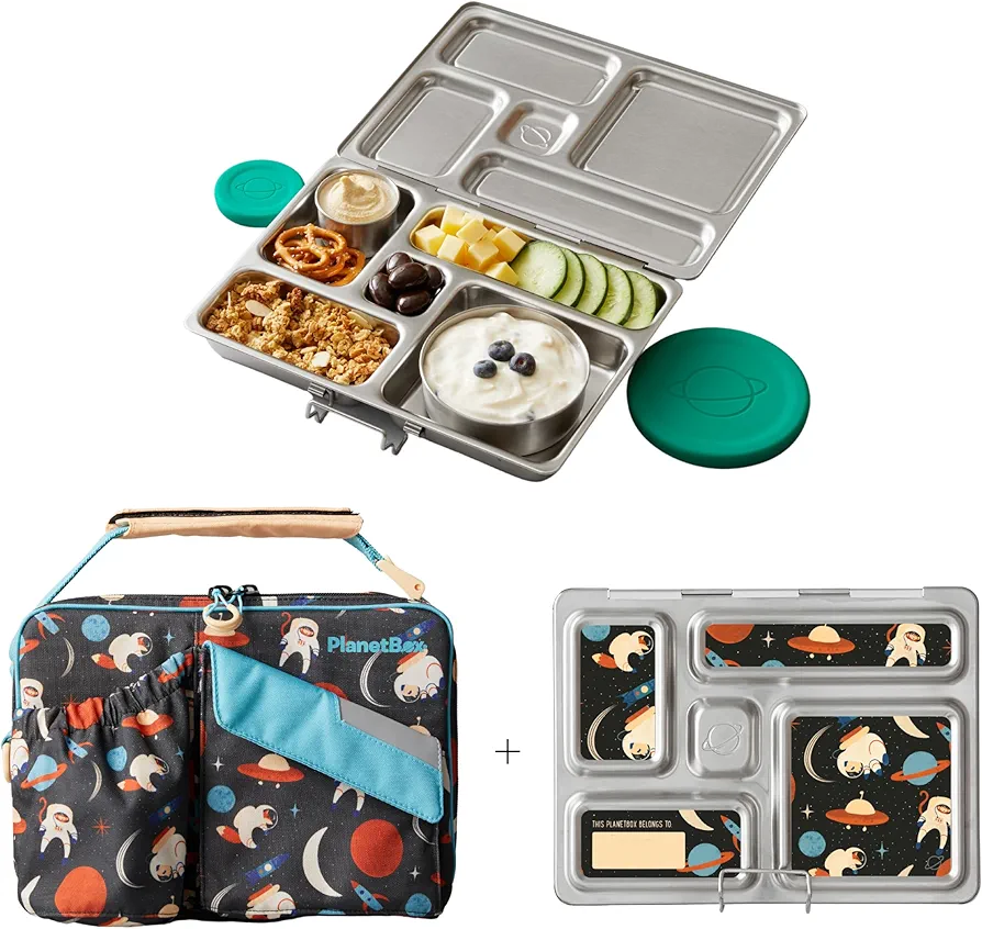 PlanetBox Rover Stainless Steel Bento Lunch Box with 5 Compartments, Space Animals Carry Bag and Magnets