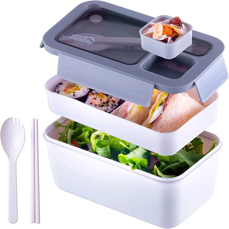 TARLINI | Bento Box for Adults with Utensils, Bento Box Adult Lunch Box, Stackable Lunch Container with Compartments, Japanese Bento Boxes, Lunch Containers for Men and Women - 40 Fl Oz, White