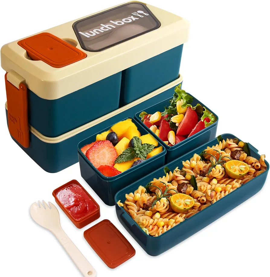 Bento Box Adult Lunch Box, Lunch Containers for Adults & Kids, 40oz Leakproof 3 Compartments Stackable Bento Lunch Box With Utensils & Sauce Containers, Microwave & Dishwasher Safe ﻿