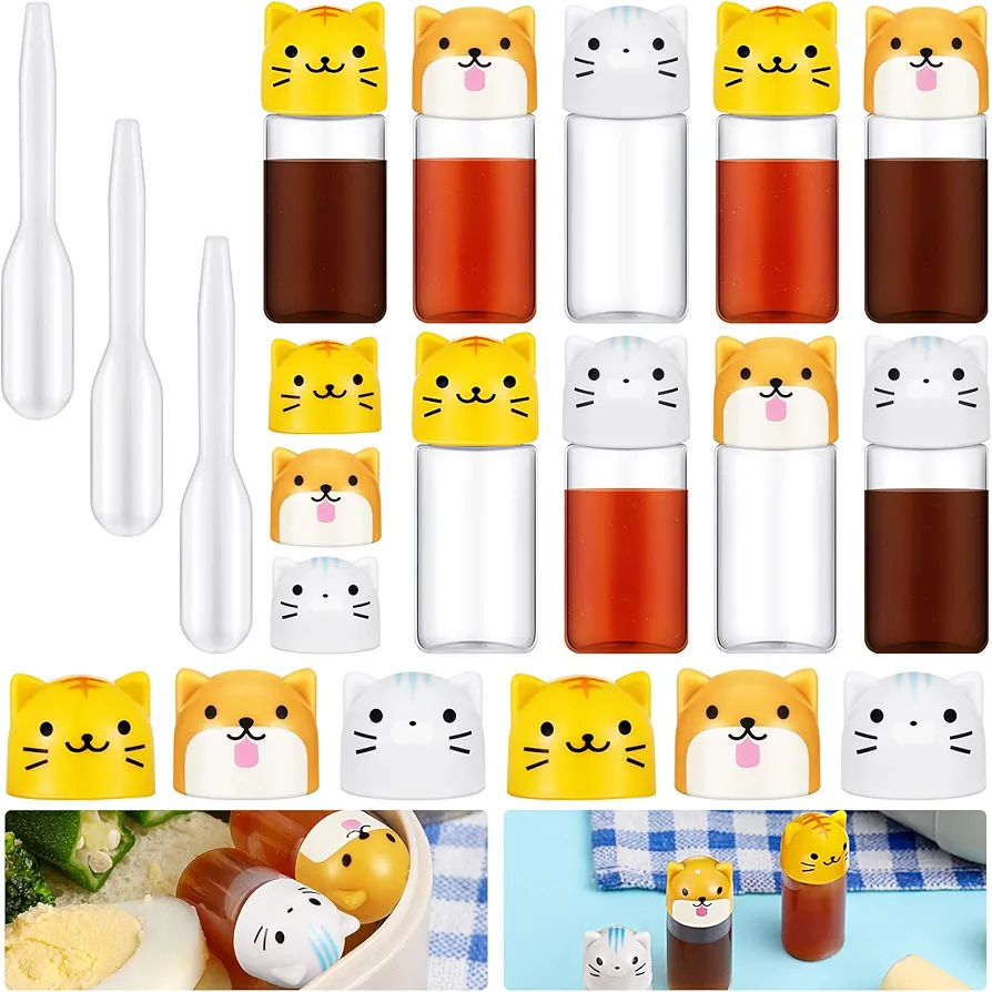 12 Pieces Bento Soy Sauce Case Container Bento Box Accessories, Mini Condiment Plastic Bottle with Dropper, Cute Animal Lunch Sauce Case Container for Hiking Travel Lunch Salad Ketchup Syrup Oil