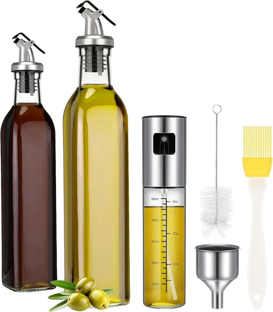 Hushee 6 Pcs Clear Glass Olive Oil Dispenser Bottles Sets Include 17 oz & 8 oz Cooking Oil and Kitchen Vinegar Cruet with Pourers, 100ml Olive Oil Spray Bottle, Funnel, Oil Brush, Cleaning Brush