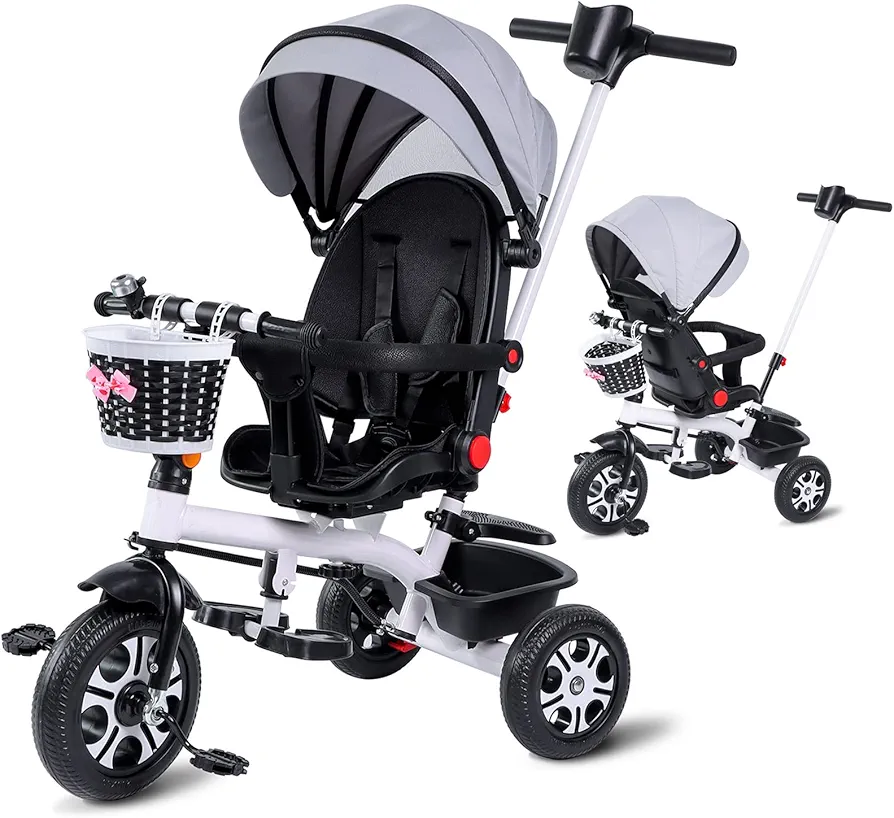 Baby Tricycle, 6-in-1 Kid Stroller Tricycle for Toddler, Baby Trike with Guardrail, Rotatable Seat, Push Handle, Cover, Toys for Girl Boy Gift Outdoor Activities