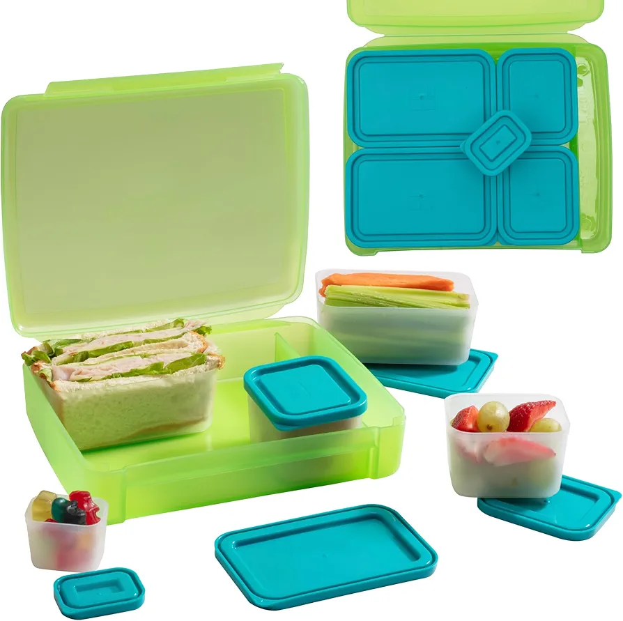 BentologyTM Green Bento Lunch Box Set w 5 Removable Nesting Containers- Adapt Inner Compartment Portion Sizes-Meal Prep Snack Holders for Back to School, Leakproof Durable & BPA Free- Dishwasher Safe