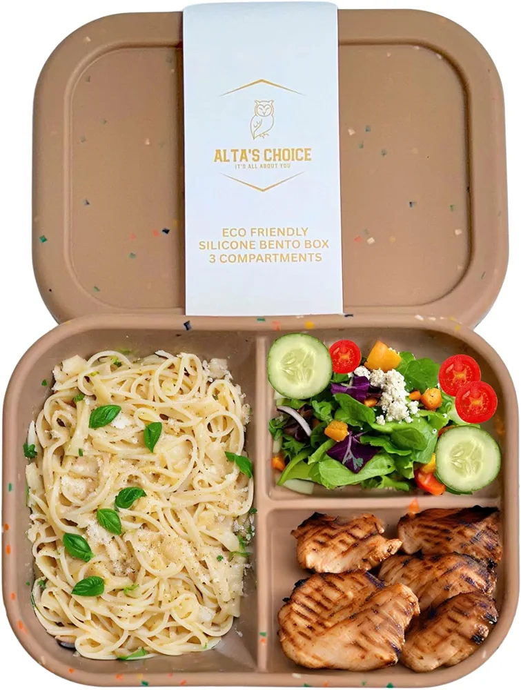 ALTA'S CHOICE SILICONE BENTO LUNCH BOX (BROWN) Leak-Proof Lunchbox, 3 Compartments. BPA, Phthalate, Lead, & PVC Free. Bento Lunch Box for Kids and Adults. Microwave, Dishwasher Safe, Reusable.