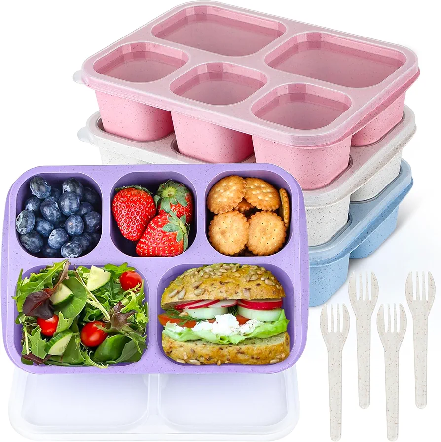 MaMix Bento Box Adult Lunch Box, 5 Compartment Bento Box for Adults 4 Pack, Reusable Stackable Snack Containers for Kids Adults with Utensils, for School, Work, and Travel (Wheat)
