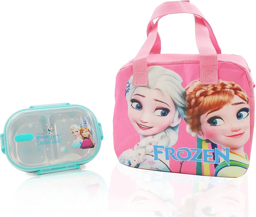 Frozen Princess Pink Zippered Insulated Food Bag + Light Blue Stainless Steel Compartment Bento Container Box with Clear Lid set for picnic
